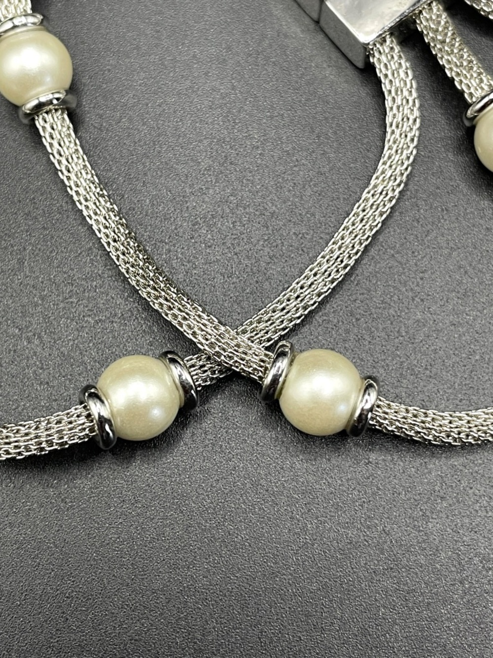Anne Klein 3 Row Silver Tone Mesh Faux Pearl Bracelet 7 1/2" - Picture 13 of 14